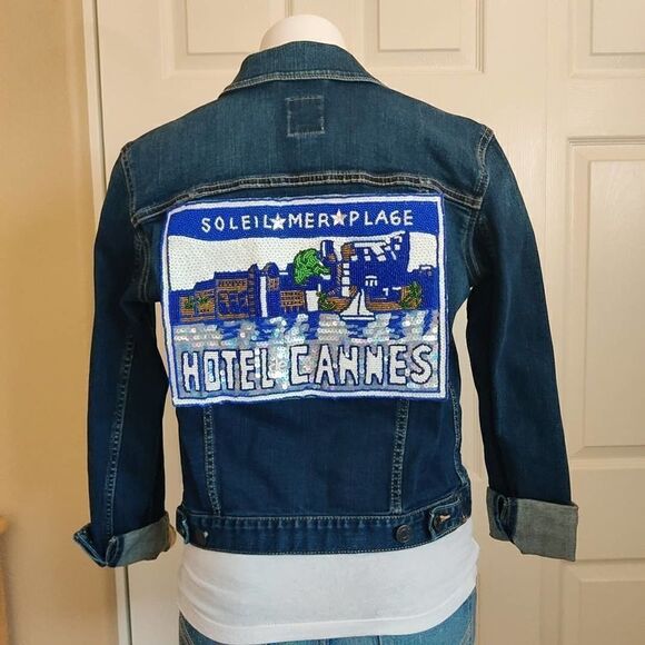 Gap embellished Icon Hotel de Cannes dark denim jacket sz S - Picture 7 of 11
